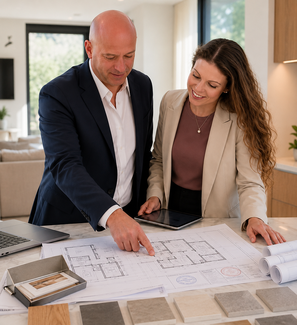 The MESTYL team reviews building plans for a construction project in Greece and coordinates the next planning steps.