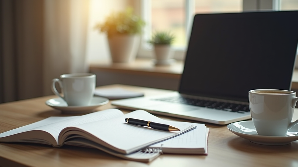 Vue en plongée d’un bureau avec des notes, un ordinateur portable et une tasse de thé