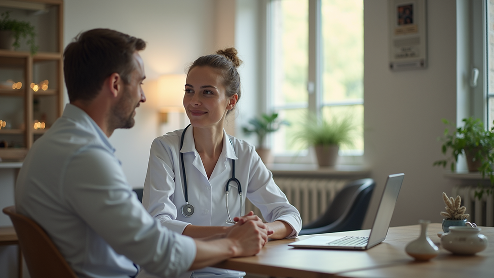 Eye-level view of a cozy consultation room with a diététicienne and a patient