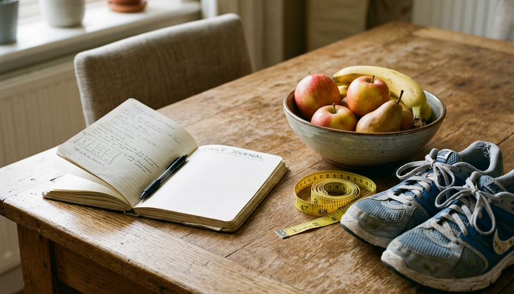 Vue rapprochée d’un carnet de suivi posé près d’un bol de fruits, d’un mètre ruban et d’une paire de baskets.