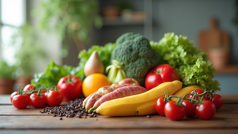 Vue rapprochée d’une table avec des aliments variés et colorés, symbolisant une alimentation équilibrée