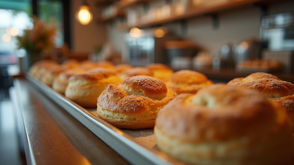 Eye-level view of a cozy bakery interior with fresh pastries