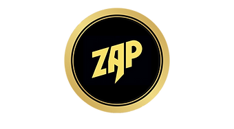 ZAP Hoops logo featuring bold, angular yellow lettering spelling 'ZAP' centered on a black circular background