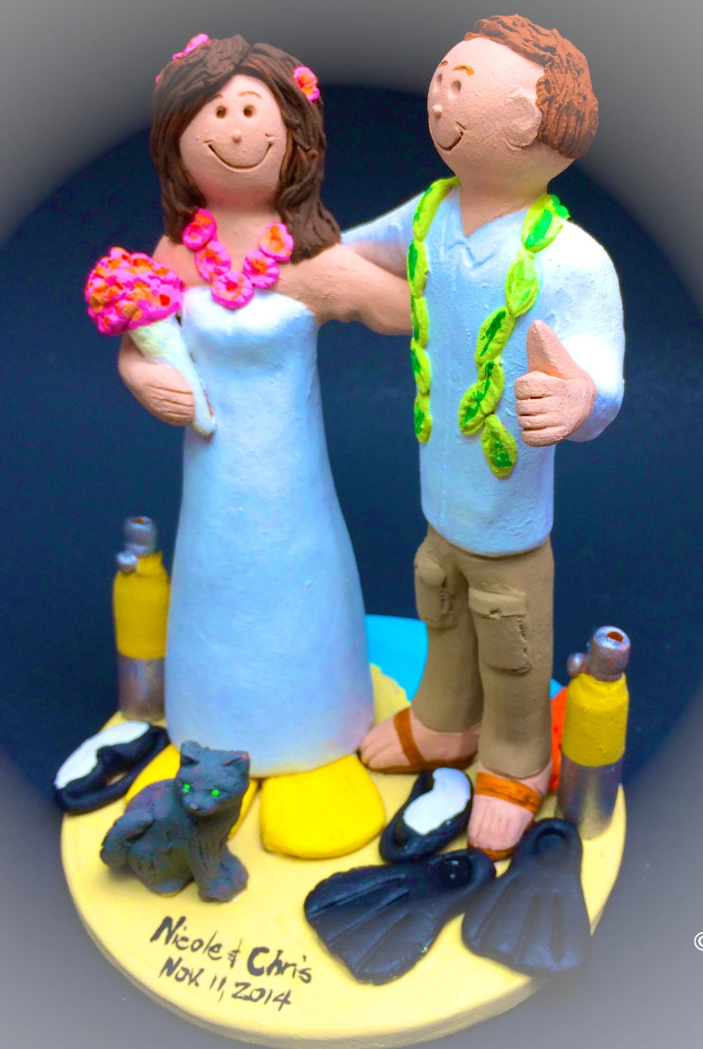 Bride and Groom Wearing Hawaiian Lei's Wedding Cake Topper -