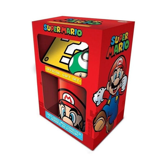 Super MARIO Gift Set mug coaster keychain in box