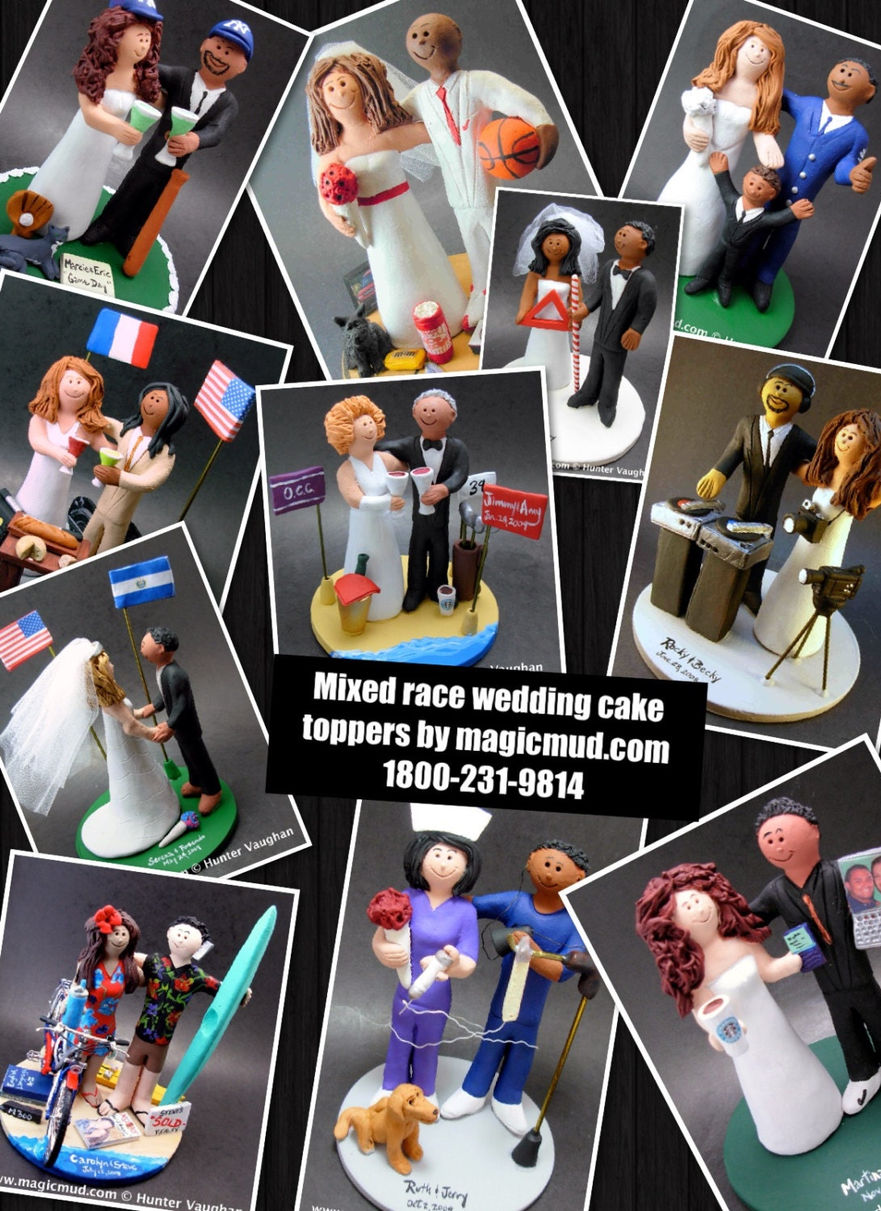 Thumbnail: Caucasian Marries Hispanic Bride Wedding Cake Topper, Beach
