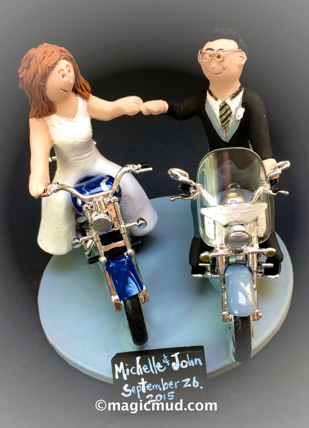 Bride and Groom Riding on Motorcycles Wedding Cake Topper, B