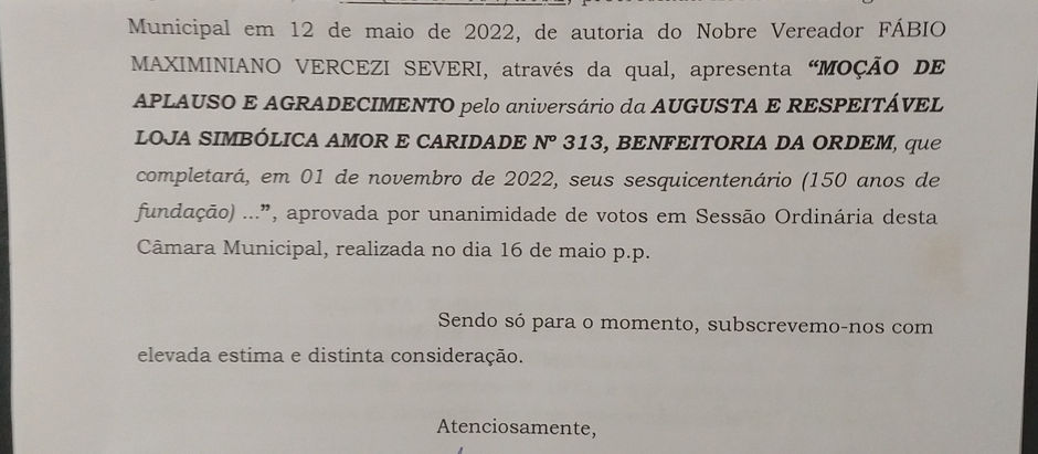 A ARLS Amor e Caridade é homenagem pela Câmara Municipal de Brodowski