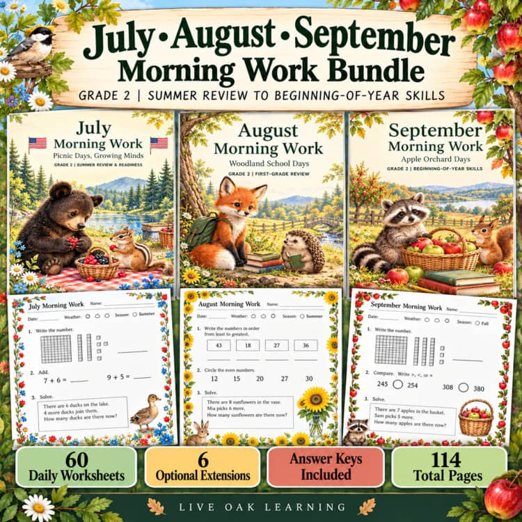 2nd Grade Morning Work Bundle | July, August & September | Math, ELA & SEL