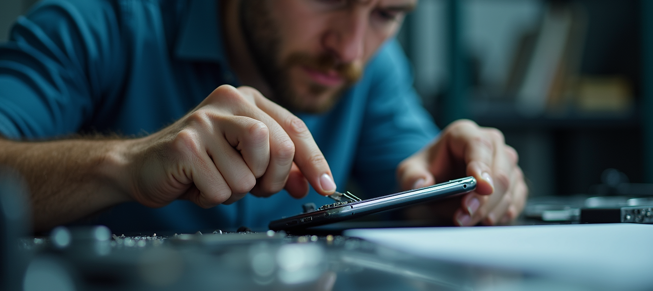 A specialist technician at Basing Tech performing a detailed internal repair and performance upgrade on a laptop motherboard.