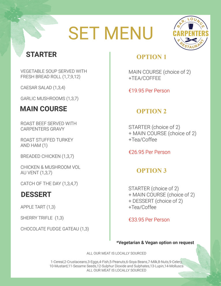 Set Menu with starters, main courses, and dessert options available. Menus at Carpenter'sBarLounge.