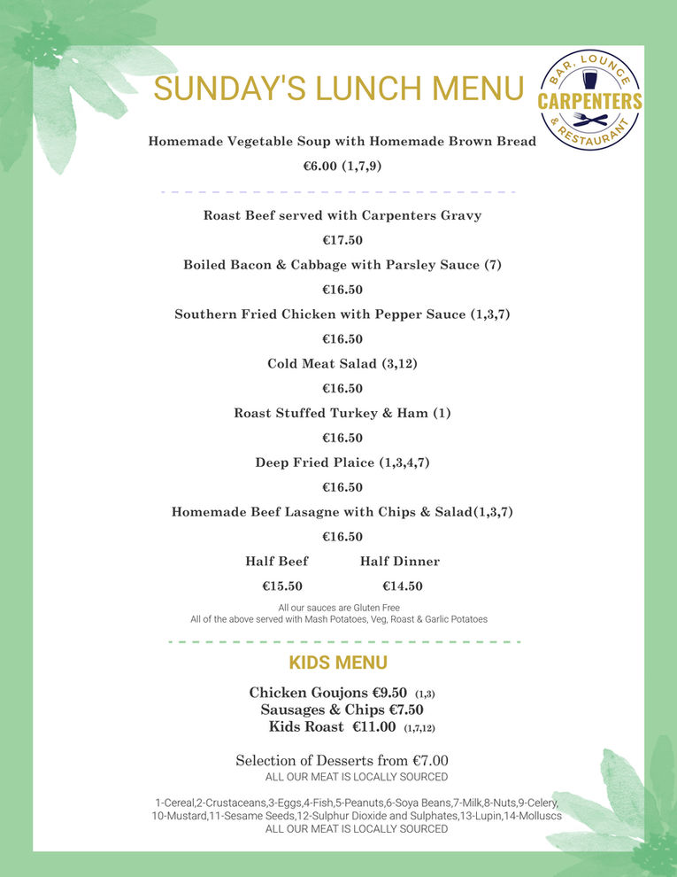 Menu with food and prices listed, Carpenter's Bar Lounge. Homemade vegetable soup.