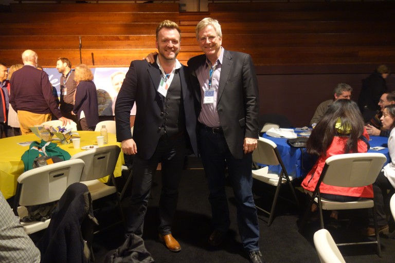 Leading Irish Tour-Guide Stephen McPhilemy and his mentor Rick Steves at a speaking engagement in Seattle, January 2016