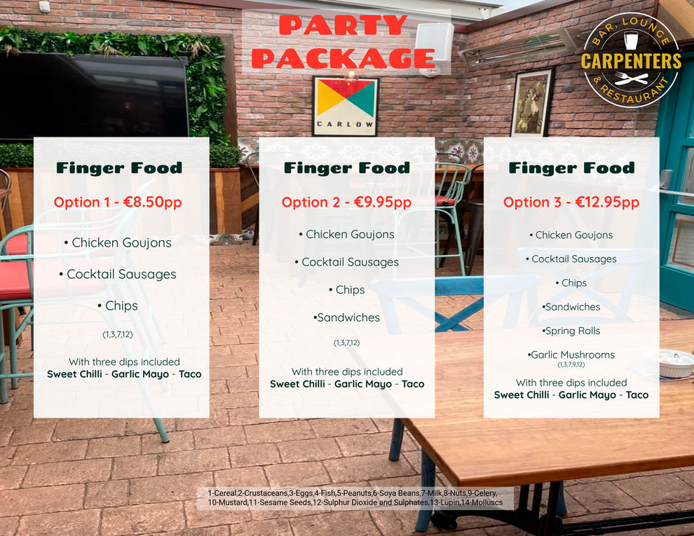 Party package with finger food options, menus, with prices, chips, and cocktails.
