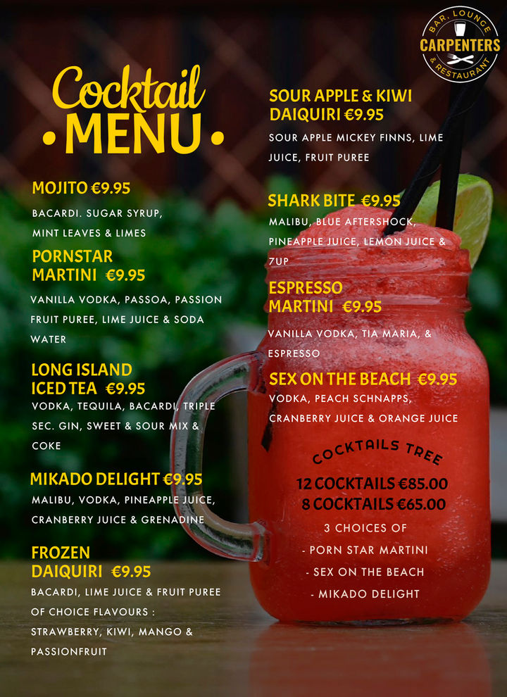 Cocktail menu with drinks, prices, and descriptions listed. Includes options for Pornstar Martini and Daiquiri.