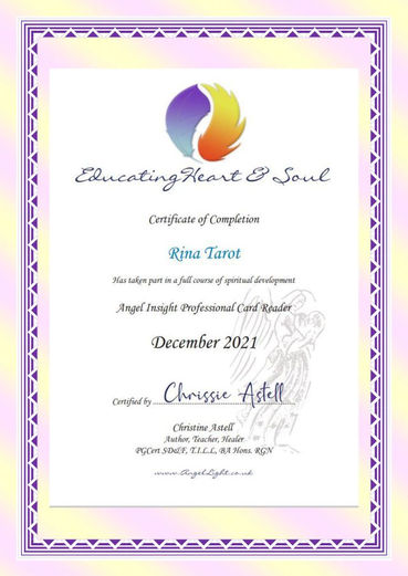 Certificate of completion: Educating Heart & Soul, Rina Tarot, December 2021.