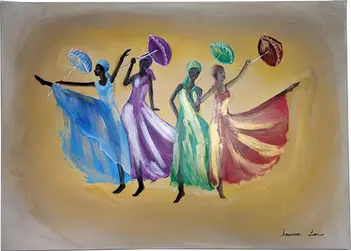 Peinture acrylique sur toile, 4 danseuses africaines sur fond jaune doré