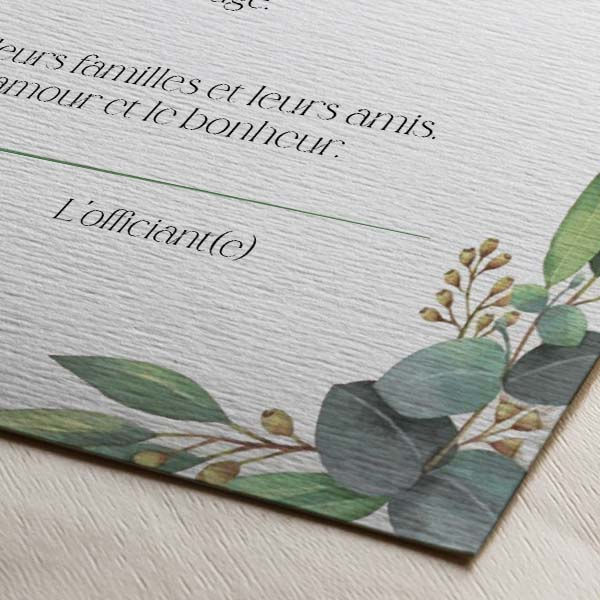 Miniature : Certificat de cérémonie laïque eucalyptus sur papier texturé