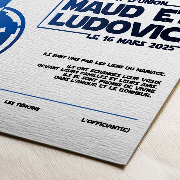 Miniature : certificat de mariage laïque Star Wars sur papier texturé