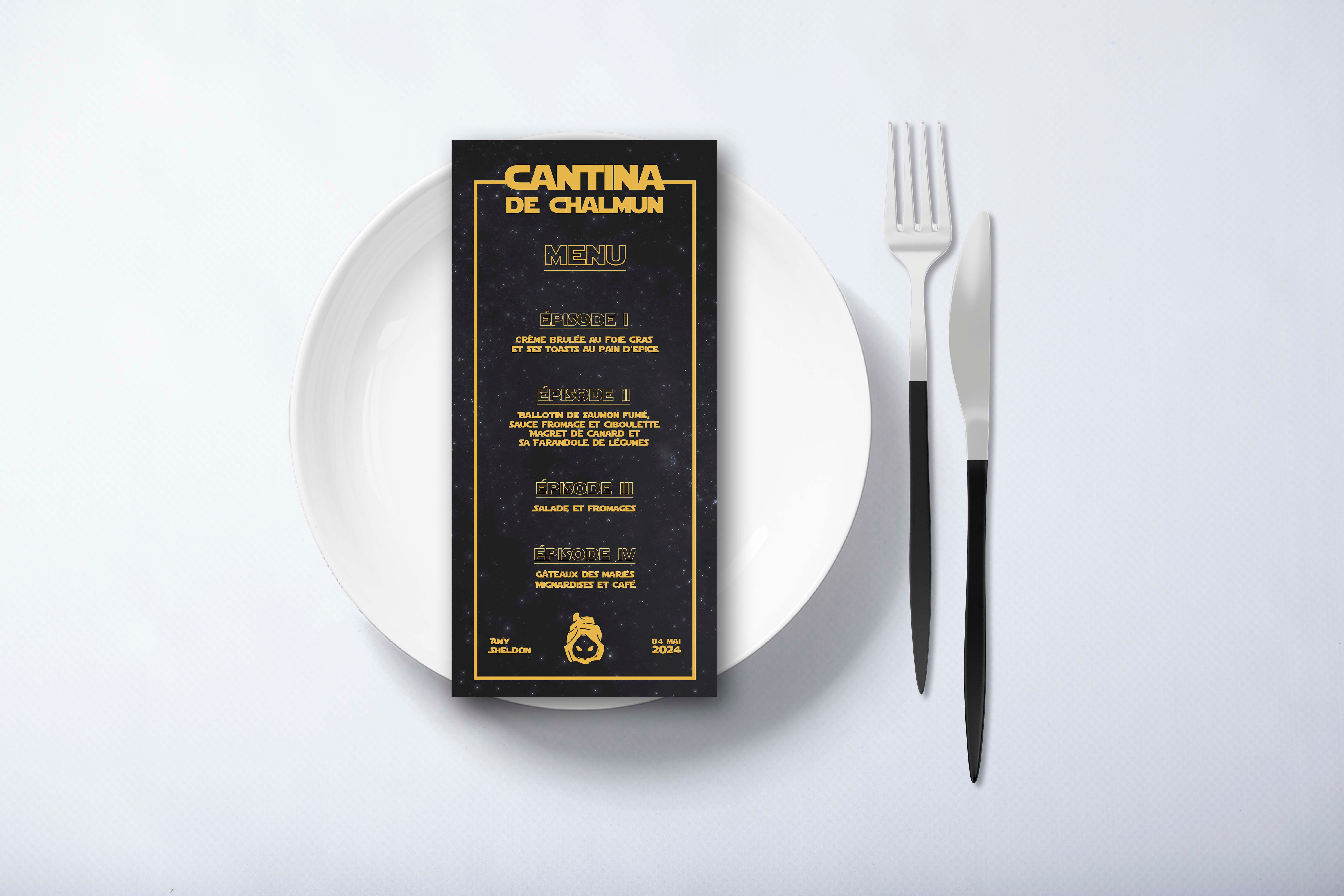 Menu de mariage Star Wars noir et jaune vue de dessus