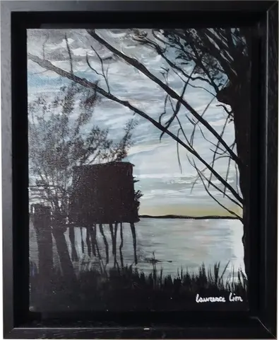 Peinture acrylique sur toile, paysage girondin au crépuscule, bord de Garonne en gironde