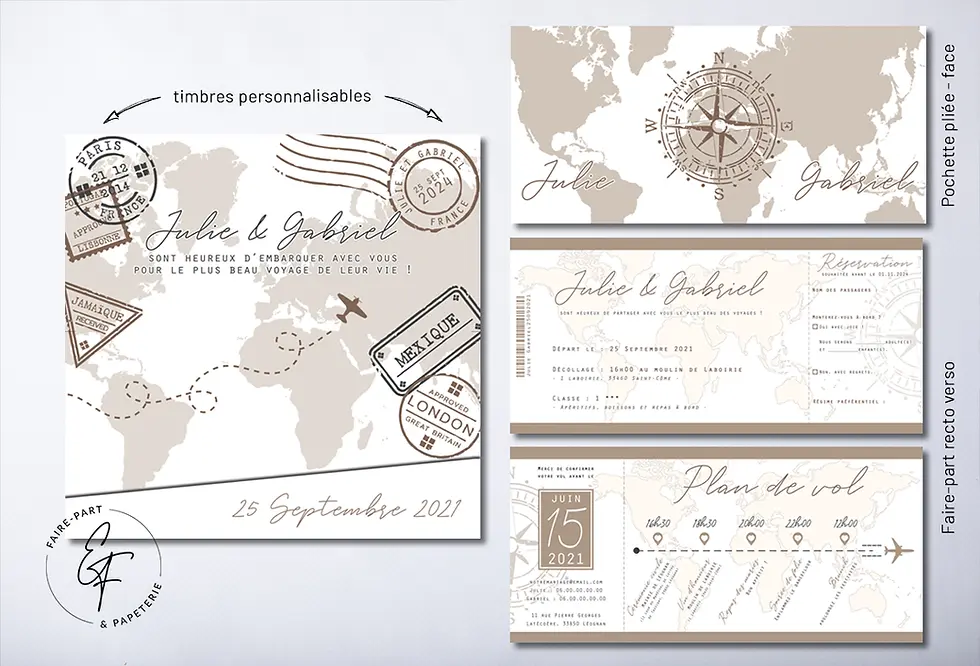 Miniature : Faire-part de mariage billet d'avion version marron