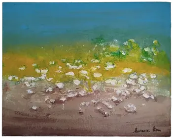 Peinture acrylique sur toile, abstrait jaune vert bleu et blanc
