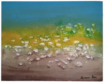 Peinture acrylique sur toile, abstrait jaune vert bleu et blanc