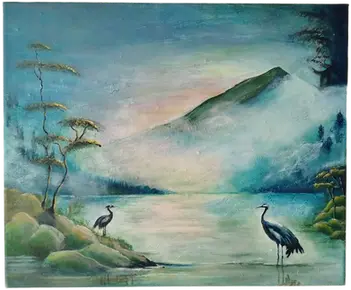 Peinture acrylique sur toile, deux Héron dans un paysage montage et lac