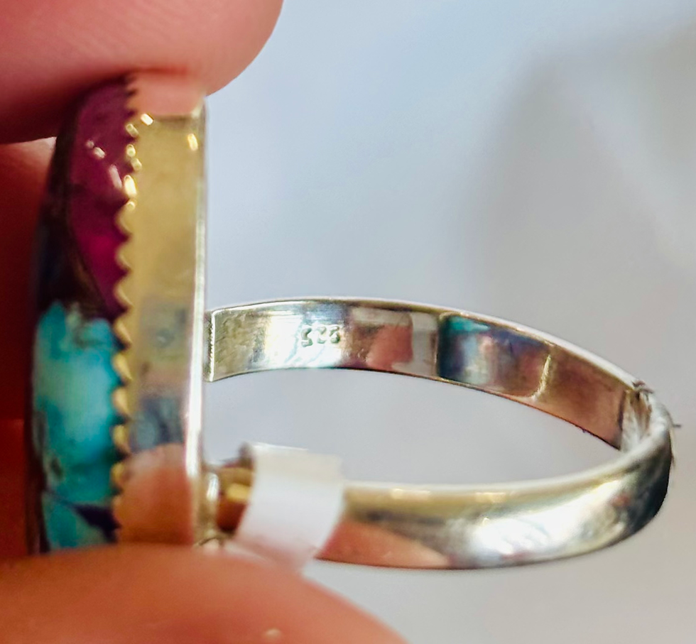 Thumbnail: 925 Solid Silver Pink Oyster Copper Turquoise Ring Size 9