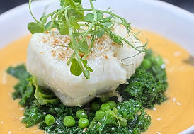 Pan seard cod at The Cricketers on The Green, Aldborough, Norfolk