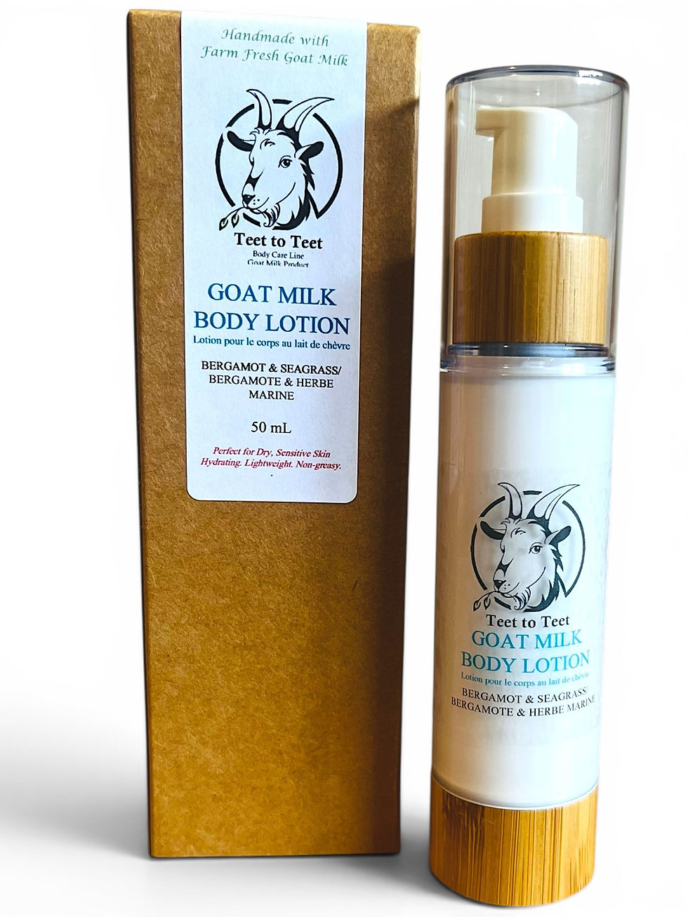 50 ml of natural goat milk body lotion in the scent of bergamot and seagrass