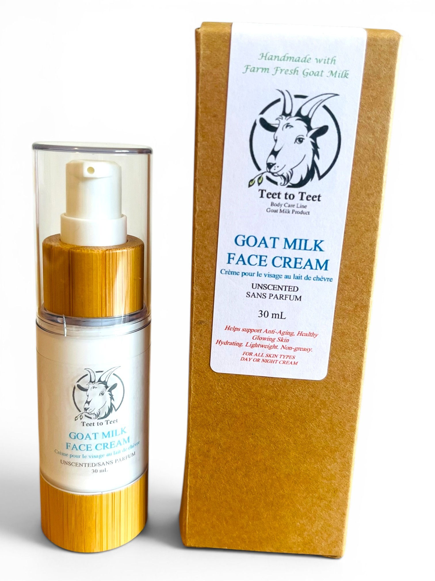 Unscented goat milk face cream in a 30 ml bamboo bottle