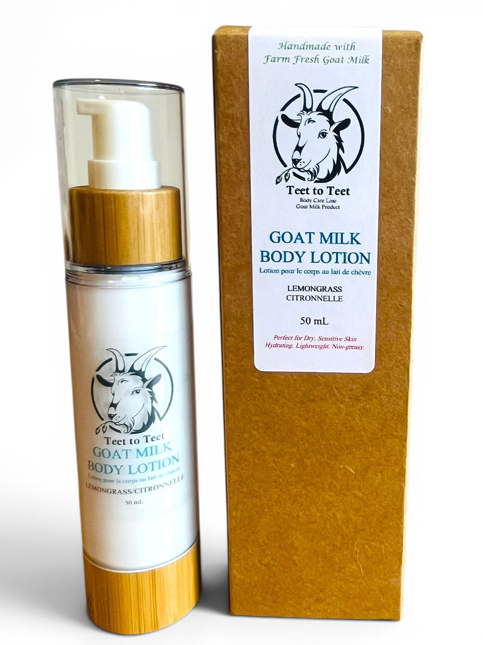 50 ml of goat milk lotion in the scent of lemongrass next it its box