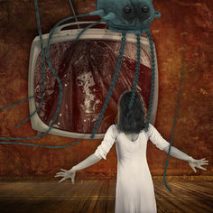 A young woman comes into a space where a television towers over her as a veiled image of a woman stares intensely at the viewer. A large mechanical animal-like surveillance mechanism looms over her as chains entwine themselves around the woman. Photo surreal imagery combining several photographic images to create a surreal world.