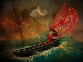 A beautiful woman in a long red dress is sitting in a small row boat. The sea is stormy with a golden crescent moon hanging in the sky amongst the clouds. She appears to be gathering stars as they fall from the sky and onto her dress and into her boat. 