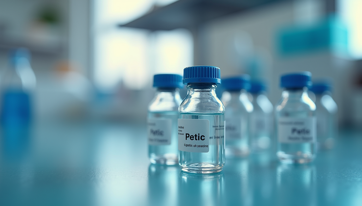 Close-up view of peptide vials arranged on a laboratory bench