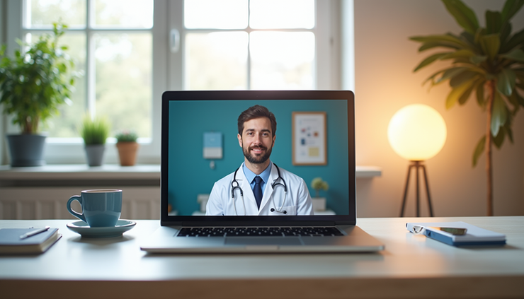 Eye-level view of a modern home office setup with a laptop displaying a virtual health consultation