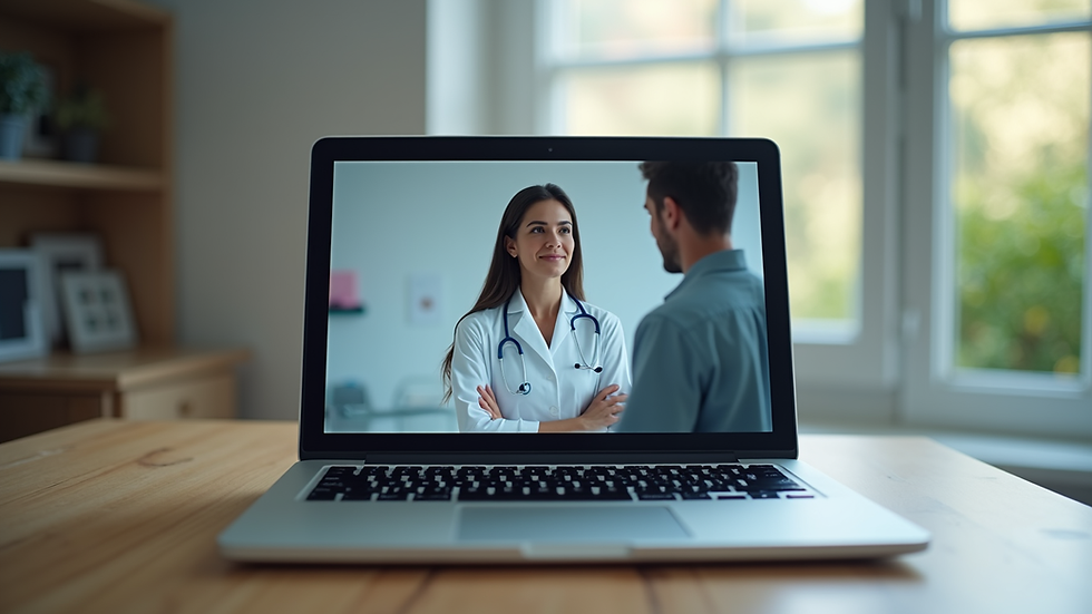 Eye-level view of a laptop showing a telehealth consultation screen