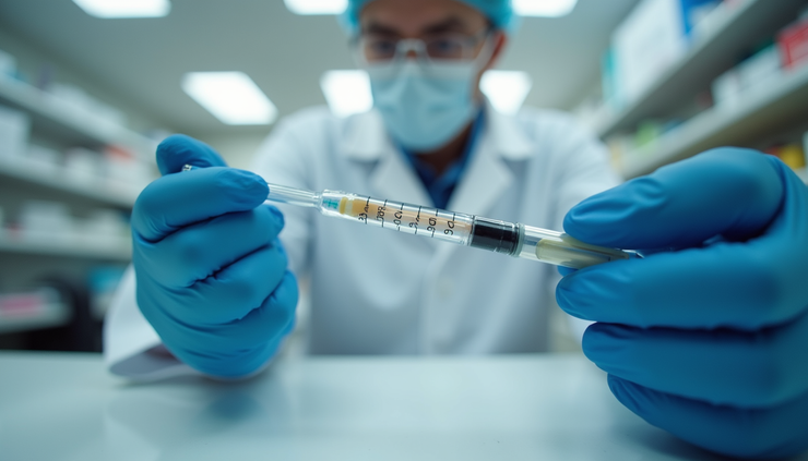 Eye-level view of a pharmacist preparing a peptide injection in a clinical setting
