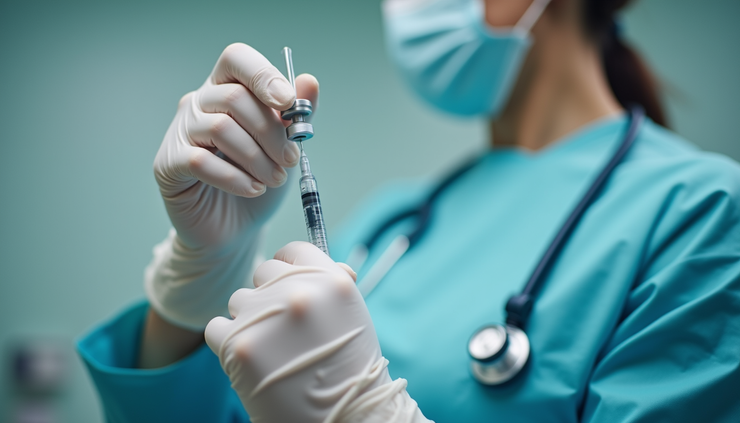 Eye-level view of a healthcare professional preparing a peptide injection in a clinical setting