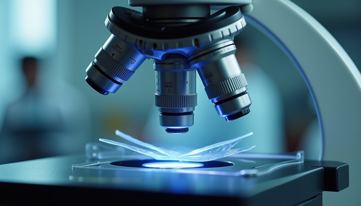 Close-up view of a laboratory microscope focusing on cellular research