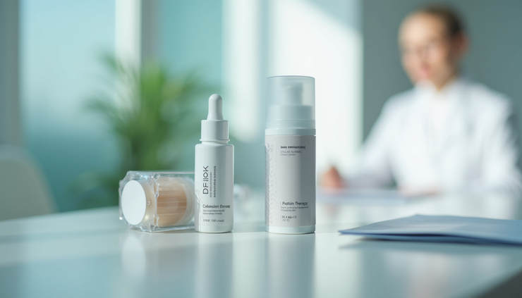 Eye-level view of a consultation room with peptide therapy supplies on a counter