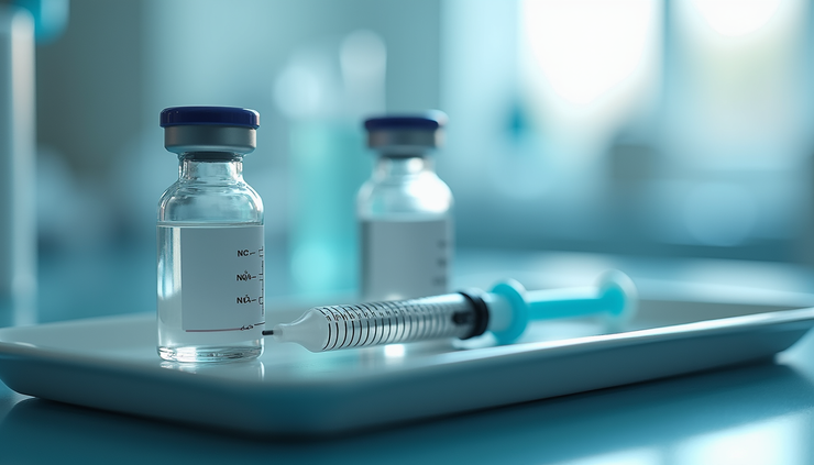 Close-up view of a vial with peptide solution and syringe on a medical tray