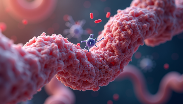 Close-up view of peptide molecules interacting with muscle tissue