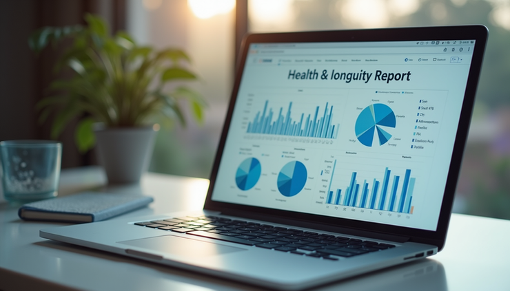 Close-up view of a person reviewing a detailed health report on a laptop