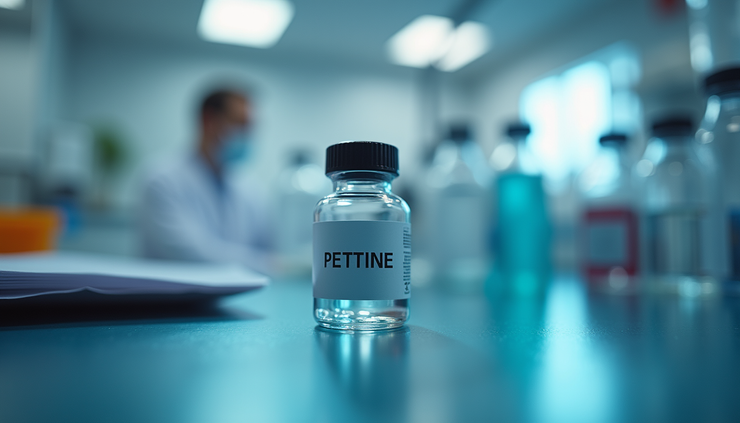 Close-up view of a vial containing clear peptide solution on a laboratory bench