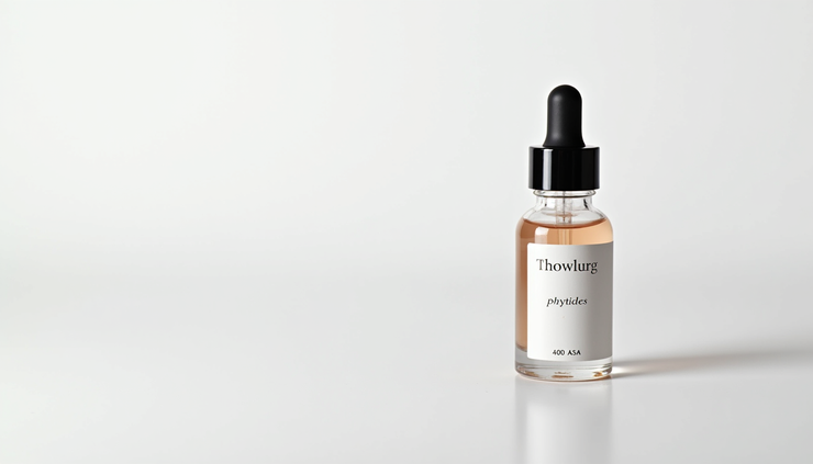 Eye-level view of a skincare product bottle with peptide serum on a clean white surface