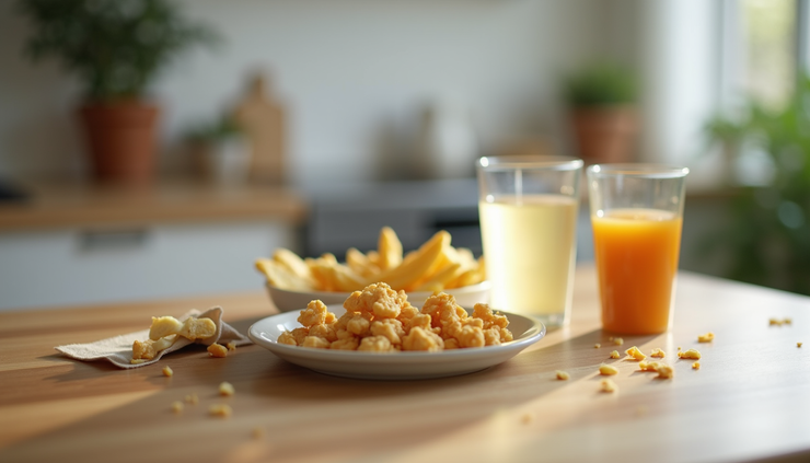 Eye-level view of a glass of water and a small plate with bland crackers on a kitchen table