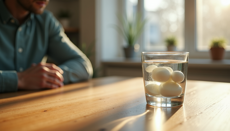 Close-up view of a glass of water with pills on a wooden table